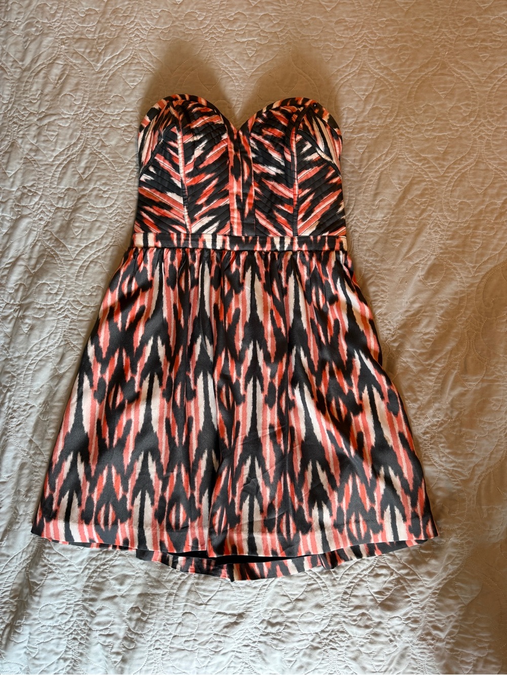 Guess Strapless Printed Mini Dress in Coral, Charcoal & White